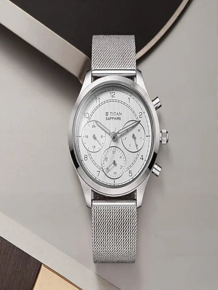 Titan Round White Dial Multifunction Watch With Silver Strap  - 1874SM01