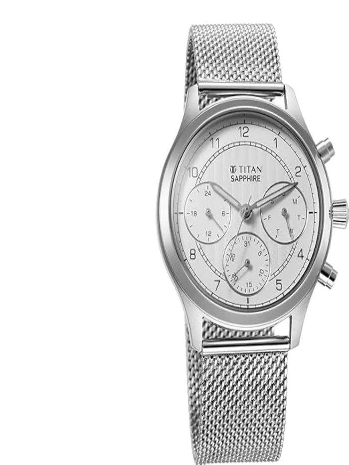 Titan Round White Dial Multifunction Watch With Silver Strap  - 1874SM01