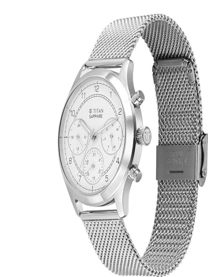 Titan Round White Dial Multifunction Watch With Silver Strap  - 1874SM01