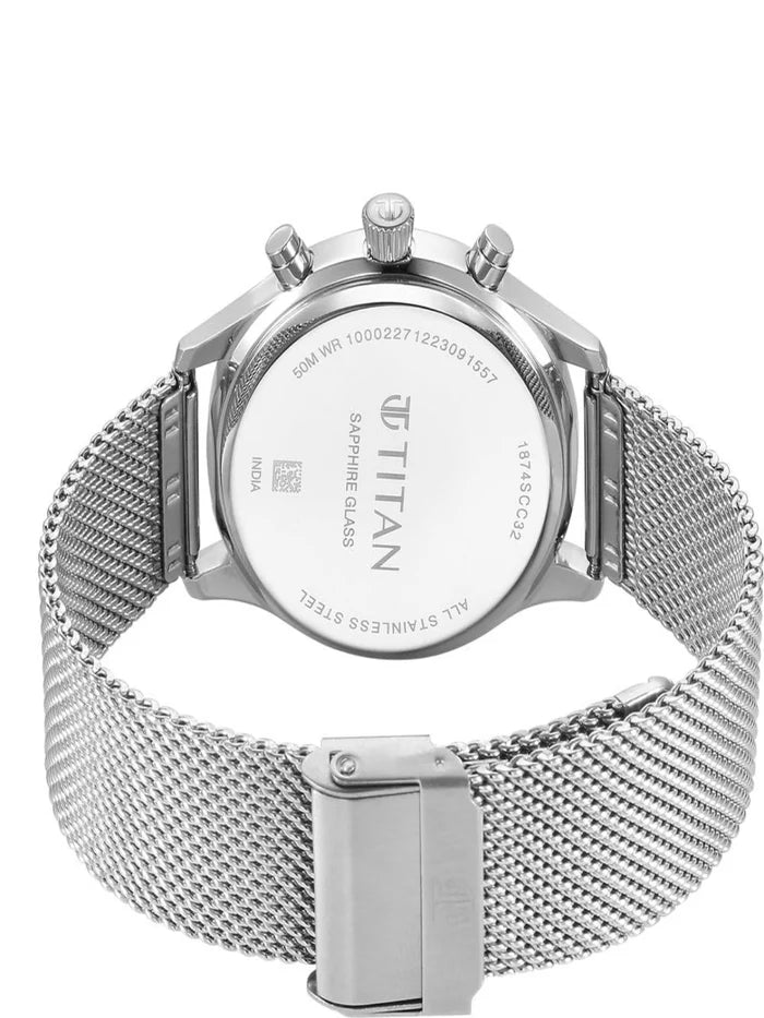 Titan Round White Dial Multifunction Watch With Silver Strap  - 1874SM01
