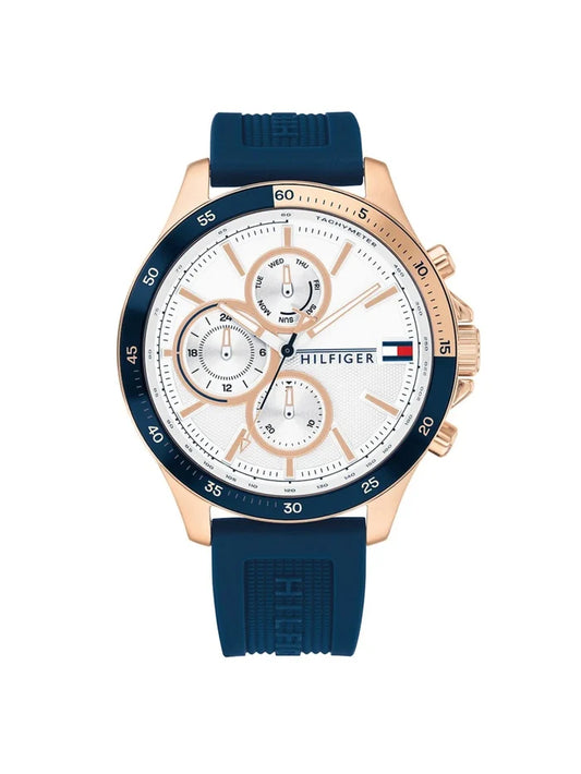 Tommy Hilfiger Round White Dial Chronograph Watch With Blue Silicone Strap  - NETH1791778