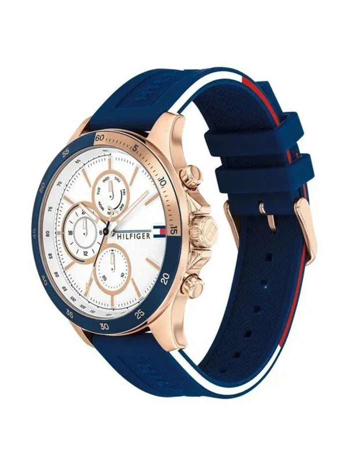 Tommy Hilfiger Round White Dial Chronograph Watch With Blue Silicone Strap  - NETH1791778