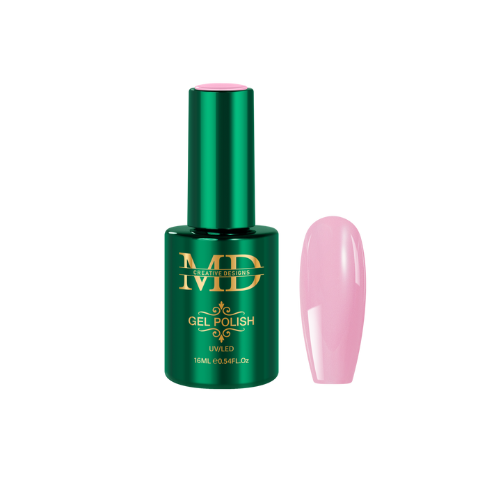 Green gel polish bottle with pink nail tip color swatch on a white background