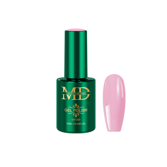 Green gel polish bottle with pink nail tip color swatch on a white background