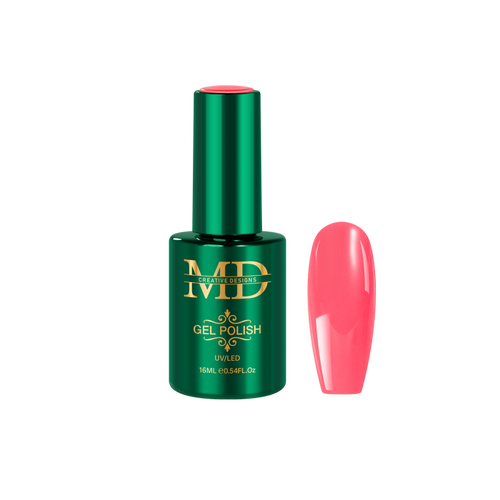 Green gel polish bottle with pink nail tip color swatch on a white background