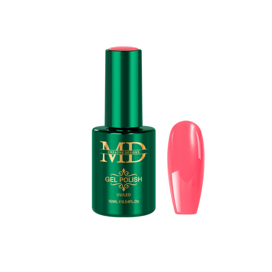 Green gel polish bottle with pink nail tip color swatch on a white background