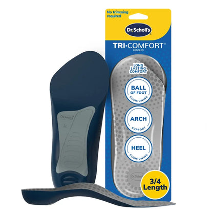 Tri-Comfort® 3/4-length insoles shown with gray dimpled underside and dark-blue top