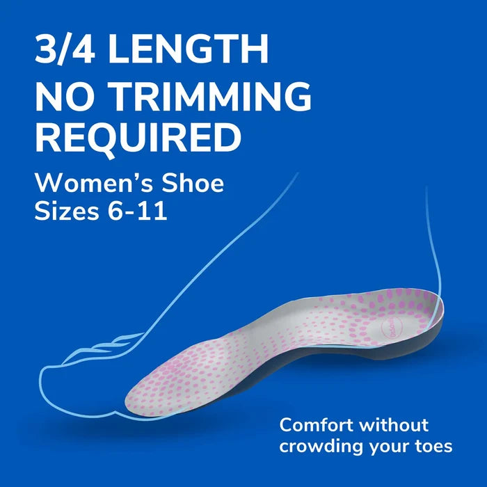 3/4-length insole with pink dotted top for heel, arch, and ball-of-foot cushioning