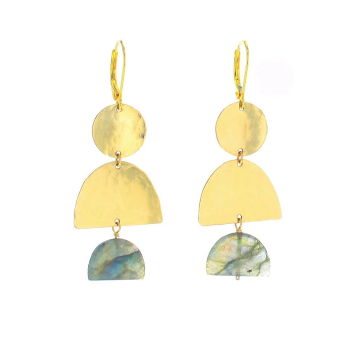 Gold-tone drop earrings with labradorite teardrop, two stacked gold discs.