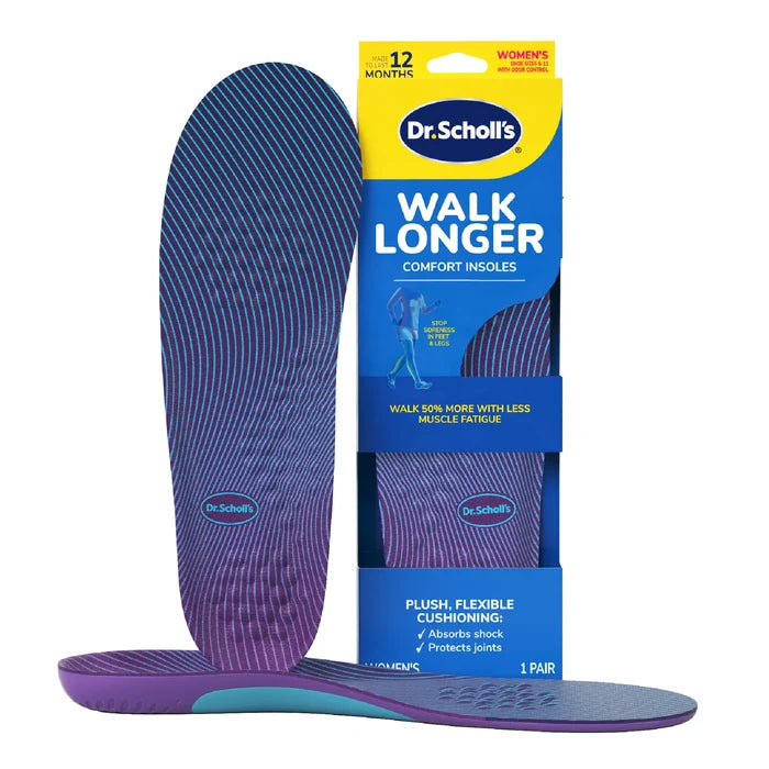 DrScholls Walk Longer Insoles package with two purple cushioned insoles designed to reduce foot and leg fatigue and support comfortable longer walking