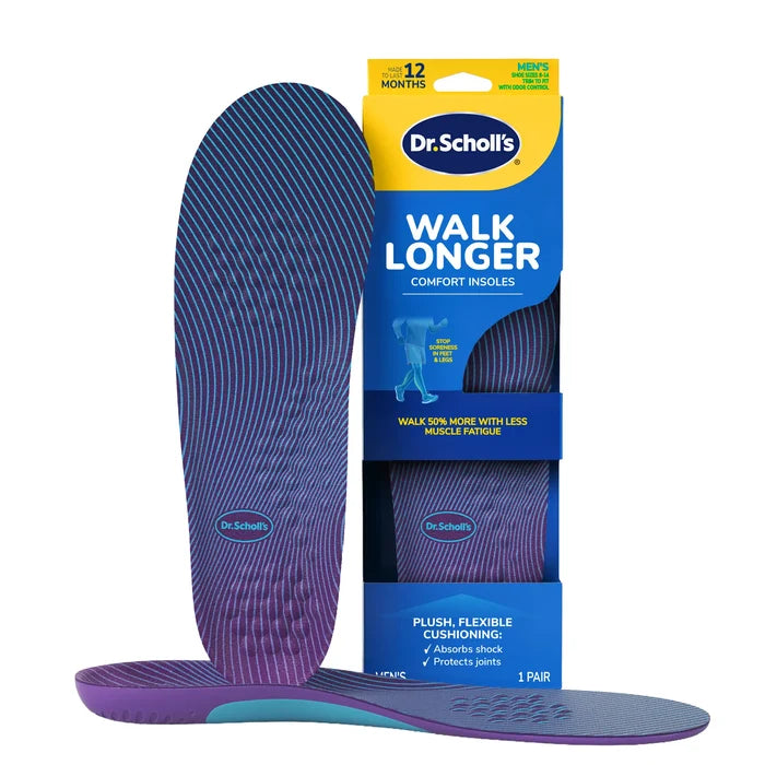DrScholls Walk Longer Insoles package with blue and purple full length cushioned inserts shown outside the box for walking comfort and reduced muscle fatigue