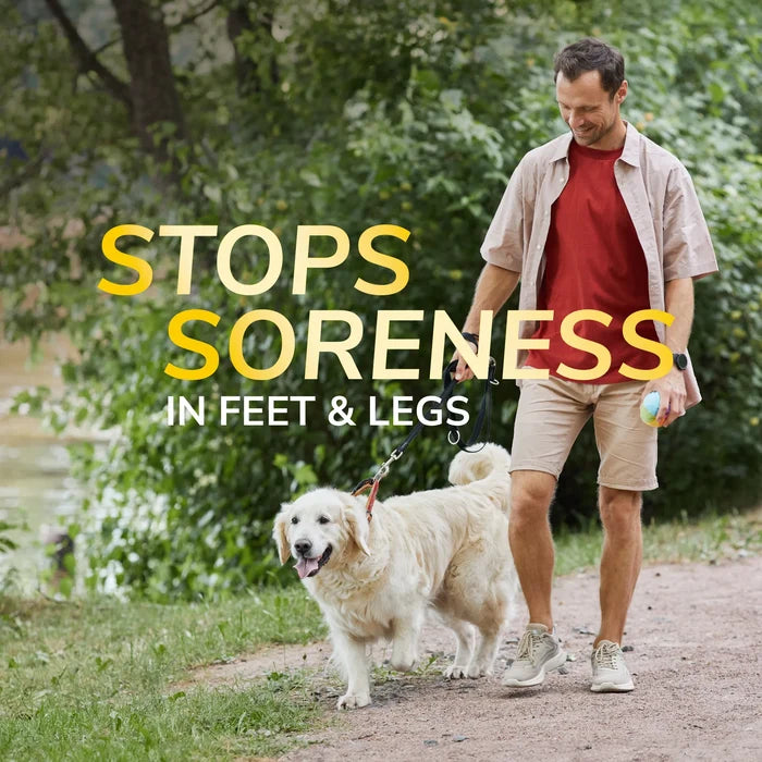 Walk Longer Insoles by DrScholls supporting comfortable walks as a man walks a dog outdoors with text about reducing soreness in feet and legs