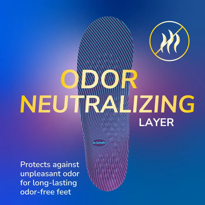 Walk Longer Insoles by DrScholls featuring an odor neutralizing layer that helps protect against unpleasant odor for long lasting odor free feet