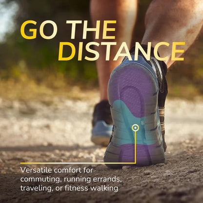 Walk Longer Insoles by DrScholls shown supporting a walking shoe on a trail for comfortable commuting running errands travel and fitness walking