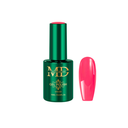 Green gel polish bottle with pink nail tip color swatch on a white background