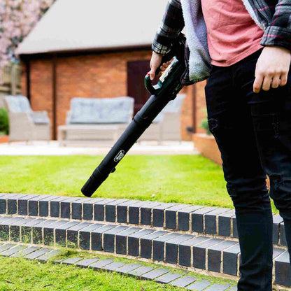 Webb Eco 20v 160mph Cordless Axial Blower held by man in graden