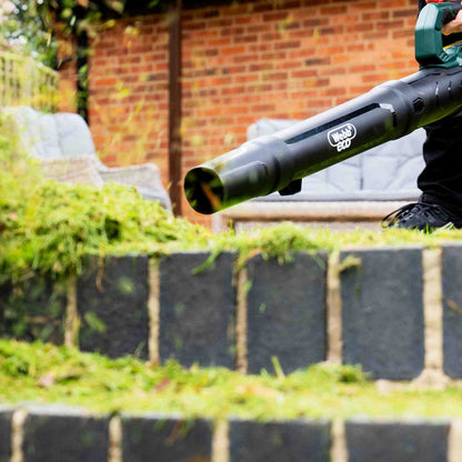 Webb Eco 20v 160mph Cordless Axial Blower in garden blowing grass cuttings