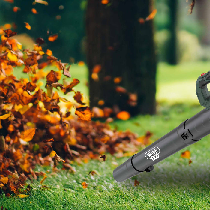 Webb Eco 20v 160mph Cordless Axial Blower blowing leaves