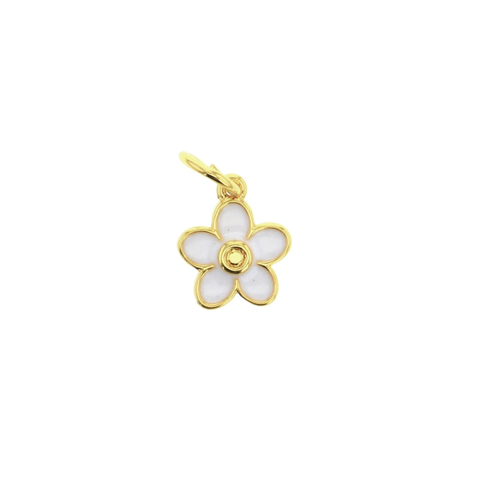 Gold flower-shaped charm pendant with white enamel petals, round center, and bail loop.