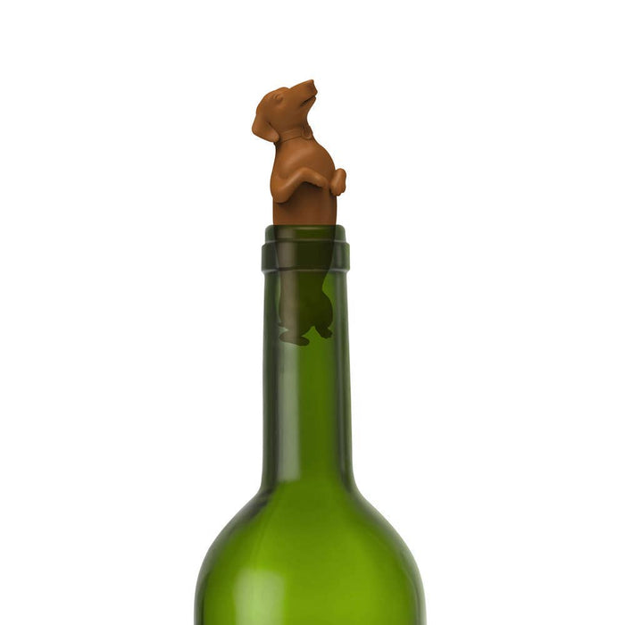 Fred & Friends Winer Dog dachshund bottle stopper, detailed metal wine accessory with dog-shaped design for sealing bottles.