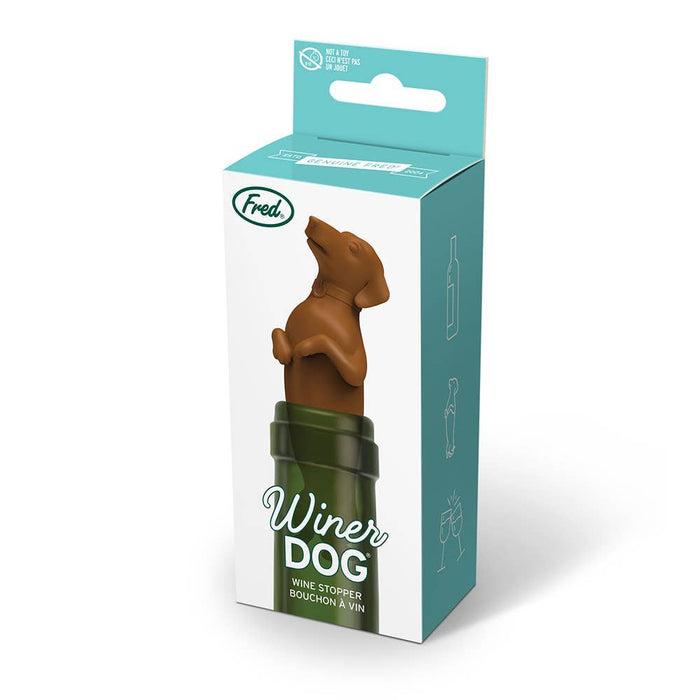 Fred & Friends Winer Dog Dachshund bottle stopper with detailed dachshund dog design on a cork stopper for wine bottles.