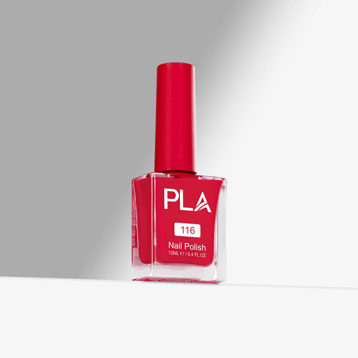 Red nail polish bottle with 'PLA' branding on a gray background