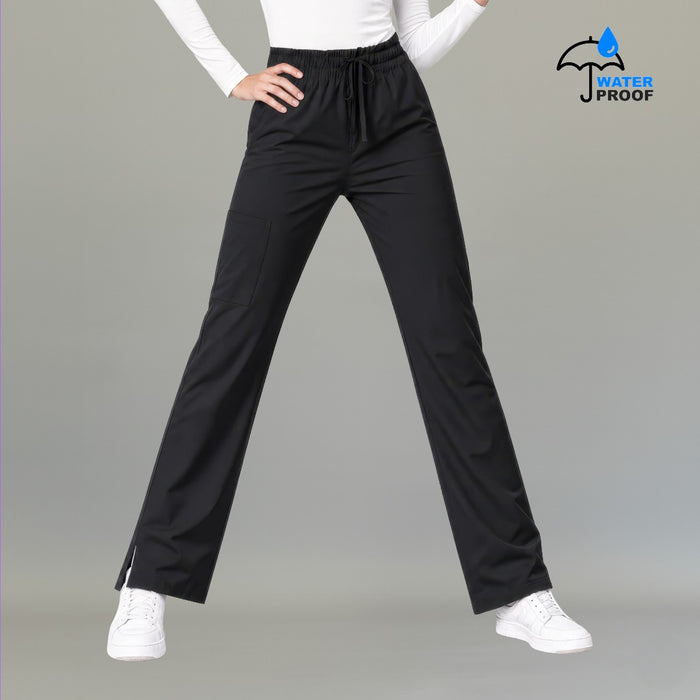 Women's black lightweight scrub pants 502 front view with drawstring waist and cargo pocket — S-FOR-ME fluid-resistant medical uniform