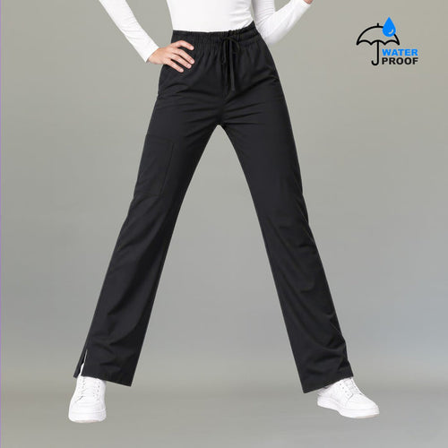 Women's black lightweight scrub pants 502 front view with drawstring waist and cargo pocket — S-FOR-ME fluid-resistant medical uniform