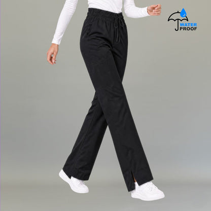 Side view of women's 502 black scrub pants showing cargo pocket and side slit hem — lightweight fluid-resistant nursing pants by S-FOR-ME