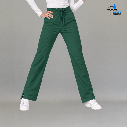 Women's bottle green lightweight scrub pants 502 front view with drawstring waist and side slit hem — S-FOR-ME fluid-resistant medical uniform