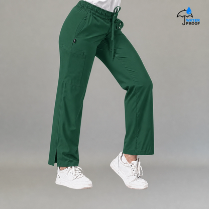 Side view of women's 502 bottle green scrub pants showing cargo pocket detail — lightweight fluid-resistant nursing pants by S-FOR-ME
