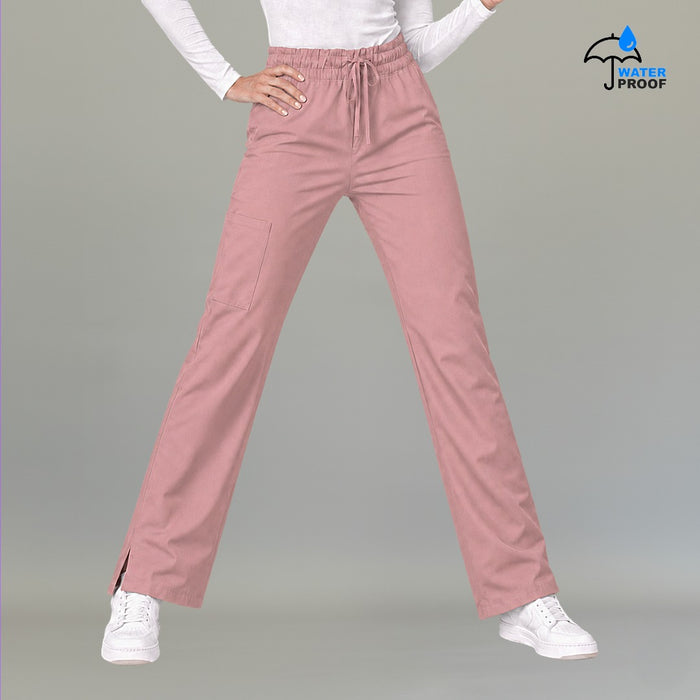 Women's dusty pink lightweight scrub pants 502 front view with drawstring waist and side slit hem — S-FOR-ME fluid-resistant medical uniform