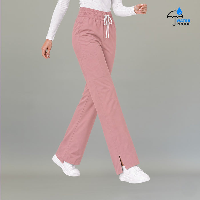 Women's dusty pink 502 scrub pants walking pose with elastic drawstring waist — lightweight fluid-resistant medical scrub pants S-FOR-ME