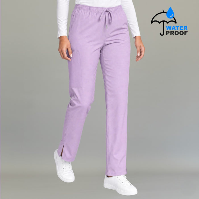 Women's lilac lightweight scrub pants 502 front view with drawstring waist and cargo pocket — S-FOR-ME fluid-resistant medical uniform
