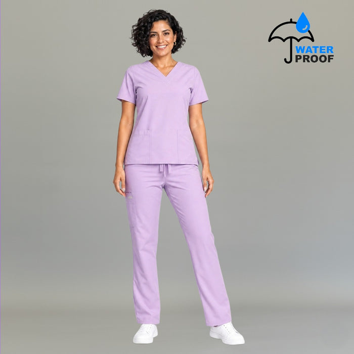 Full body front view of women's lilac 502 scrub set — lightweight fluid-resistant top and pants for nurses S-FOR-ME