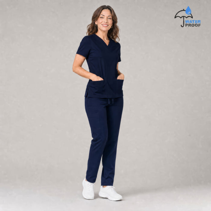 Full body view of women's navy blue 502 scrub set — lightweight fluid-resistant top and pants medical uniform S-FOR-ME