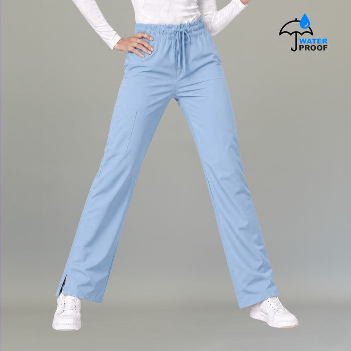Women's sky blue lightweight scrub pants 502 front view with drawstring waist and side slit hem — S-FOR-ME fluid-resistant medical uniform