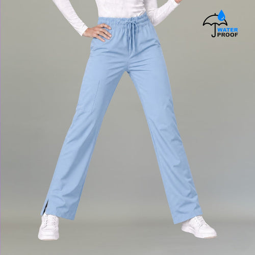 Women's sky blue lightweight scrub pants 502 front view with drawstring waist and side slit hem — S-FOR-ME fluid-resistant medical uniform