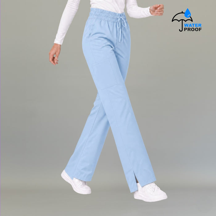 Women's sky blue 502 scrub pants walking pose with elastic drawstring waist — lightweight fluid-resistant medical scrub pants S-FOR-ME