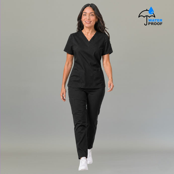 Full body view of women's 502 black scrub set walking pose — lightweight fluid-resistant medical uniform S-FOR-ME