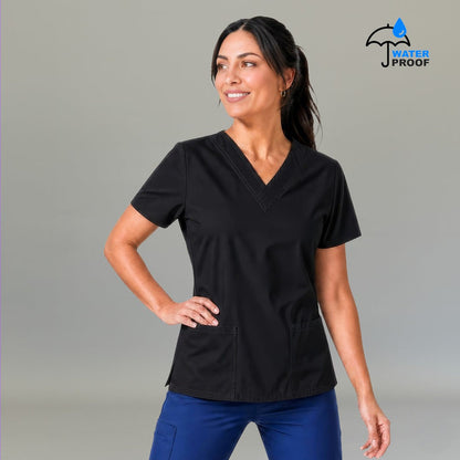 Women's black lightweight scrub top 502 V-neck with hand on hip — fluid-resistant medical uniform for nurses by S-FOR-ME