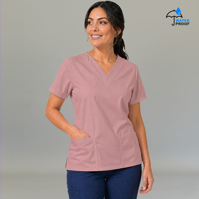 Women's dusty pink 502 scrub top V-neck with front patch pockets — lightweight fluid-resistant medical scrub top S-FOR-ME