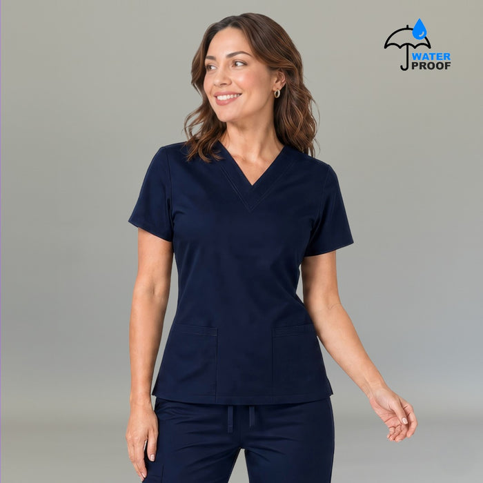Women's navy blue lightweight scrub top 502 with V-neck crossover and patch pockets — S-FOR-ME fluid-resistant medical uniform
