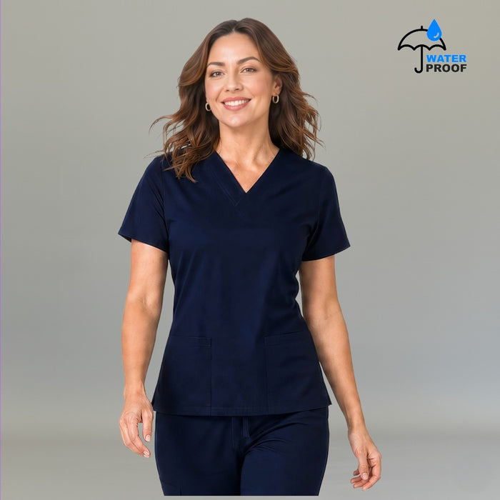 Front view of women's navy blue 502 scrub top slim fit V-neck — lightweight everyday medical uniform S-FOR-ME