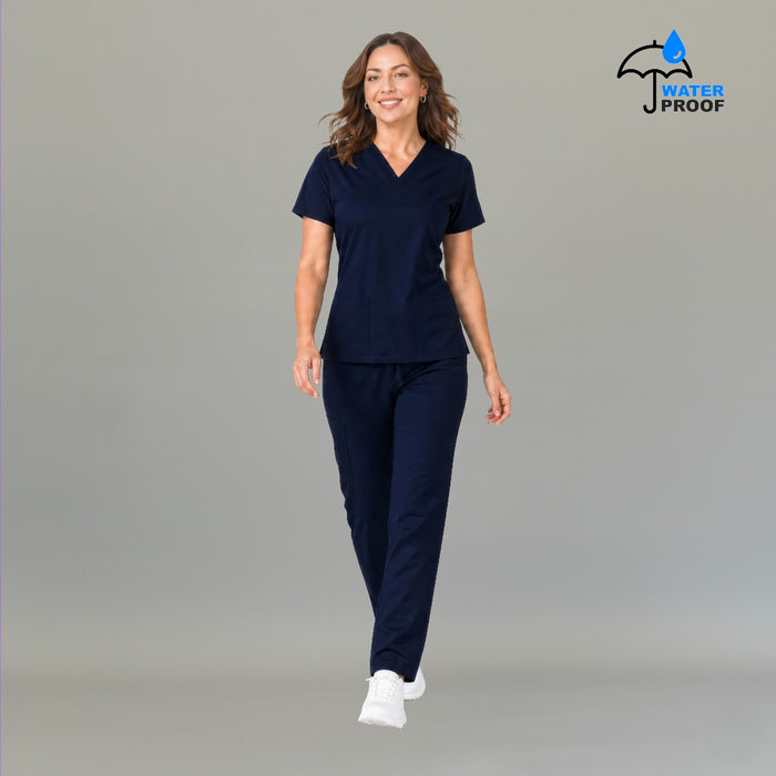 Full body view of women's navy blue 502 scrub top and pants set — lightweight fluid-resistant medical uniform S-FOR-ME