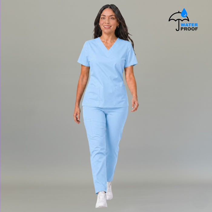 Full body view of women's 502 sky blue scrub set lightweight walking pose — S-FOR-ME fluid-resistant medical uniform