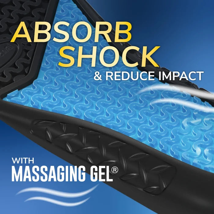 DrScholls Work Insoles with Massaging Gel® featuring a blue gel surface designed to absorb shock and reduce impact for tired feet and legs