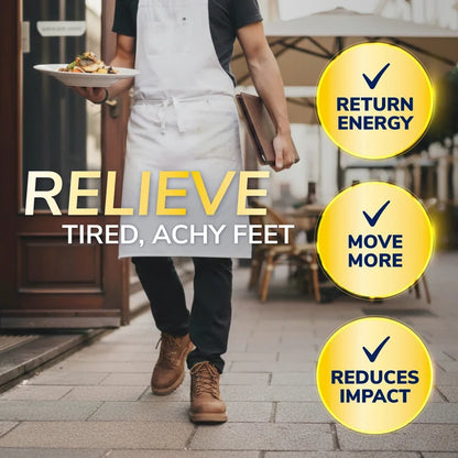 DrScholls Work Insoles with Massaging Gel® ad showing a worker and benefits for tired achy feet including return energy move more and reduced impact