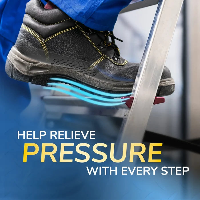 Work Insoles with Massaging Gel® by DrScholls cushioning a work boot on a step with blue support lines to help relieve pressure with every step
