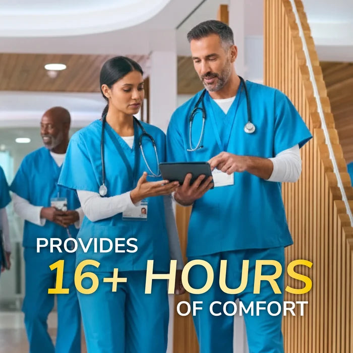 DrScholls Work Insoles with Massaging Gel® campaign featuring healthcare workers and promoting 16 plus hours of comfort for people on their feet all day